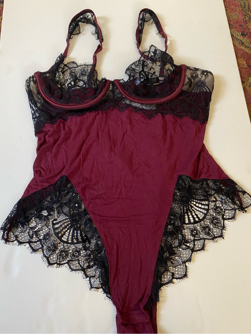 Oh La La Cheri Burgundy Black Lace Underwire Bodysuit L